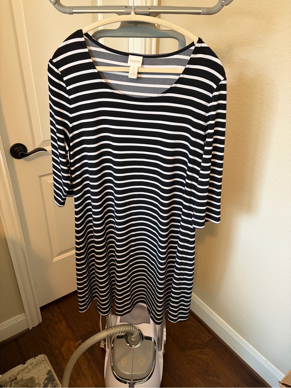 Chico's Black and White Striped Scoop-Neck Tee Dress- Wearever